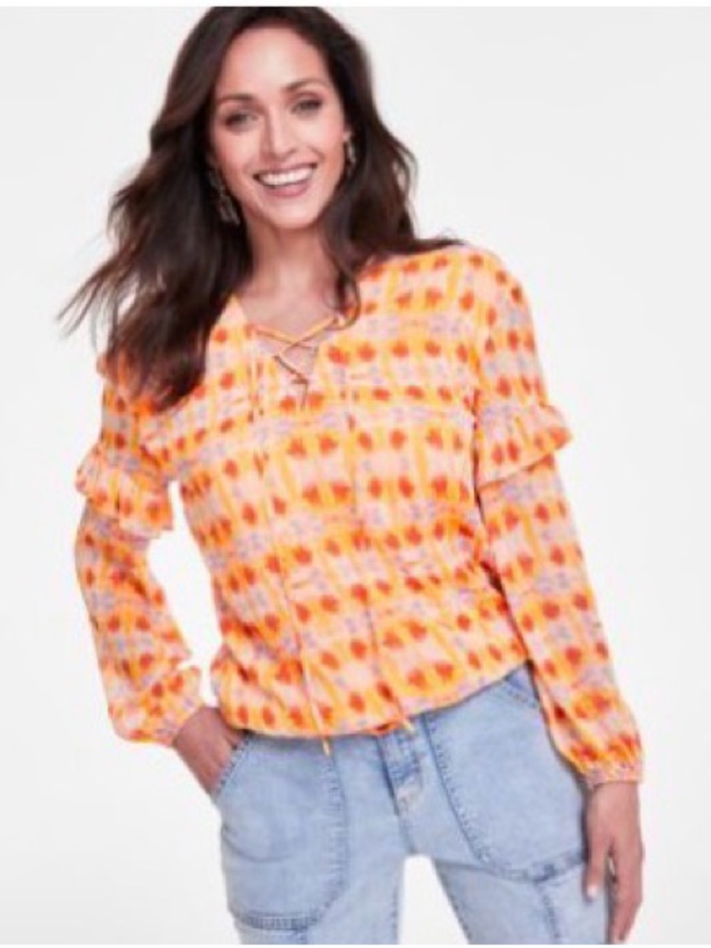 INC International Concepts Orange Printed Tie-Front Peasant Blouse